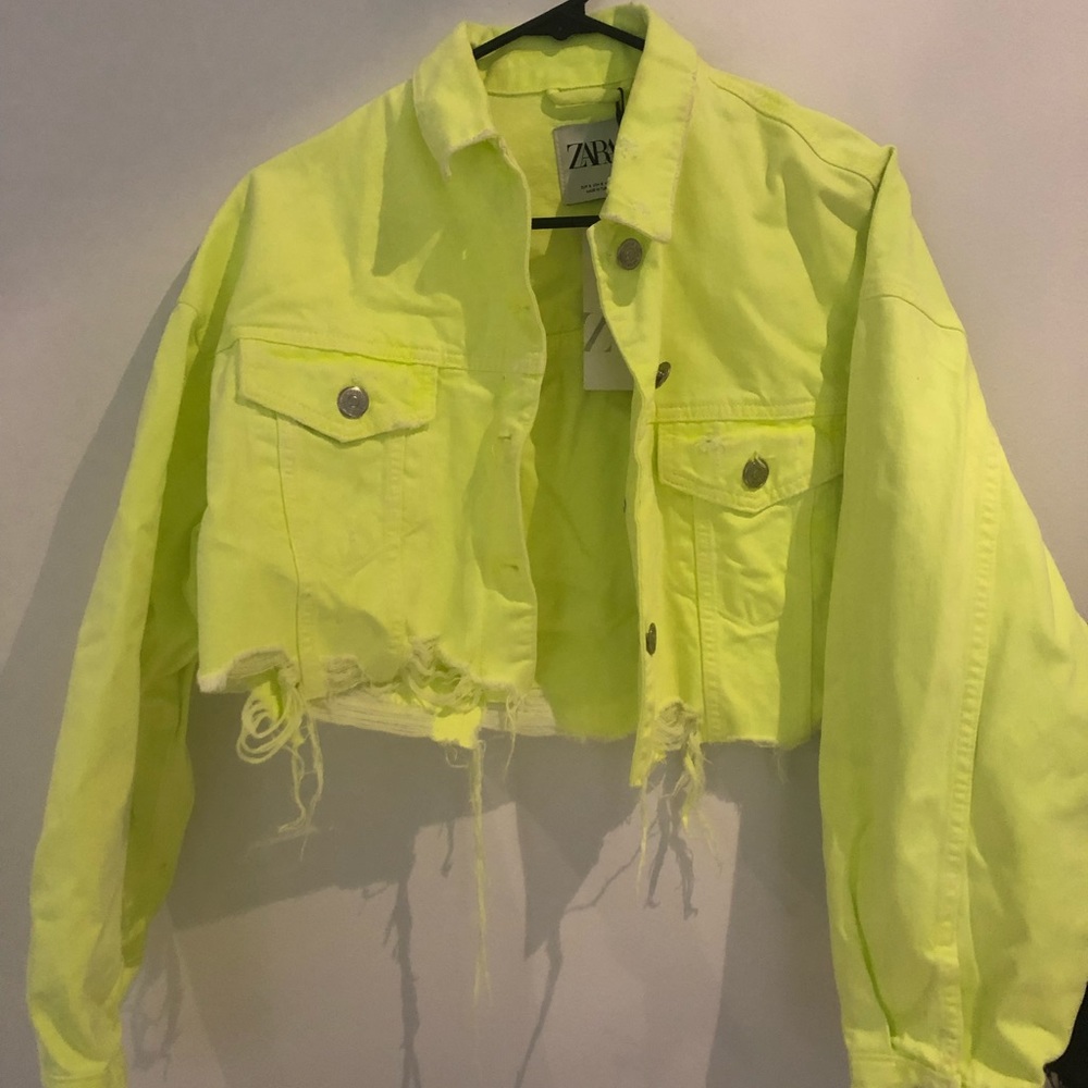 Zara bright neon yellow cropped denim jacket